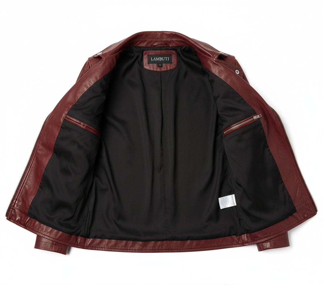 close-up-lining - New Lycra Biker Jacket Leather, Women Maroon Color Leather Jacket