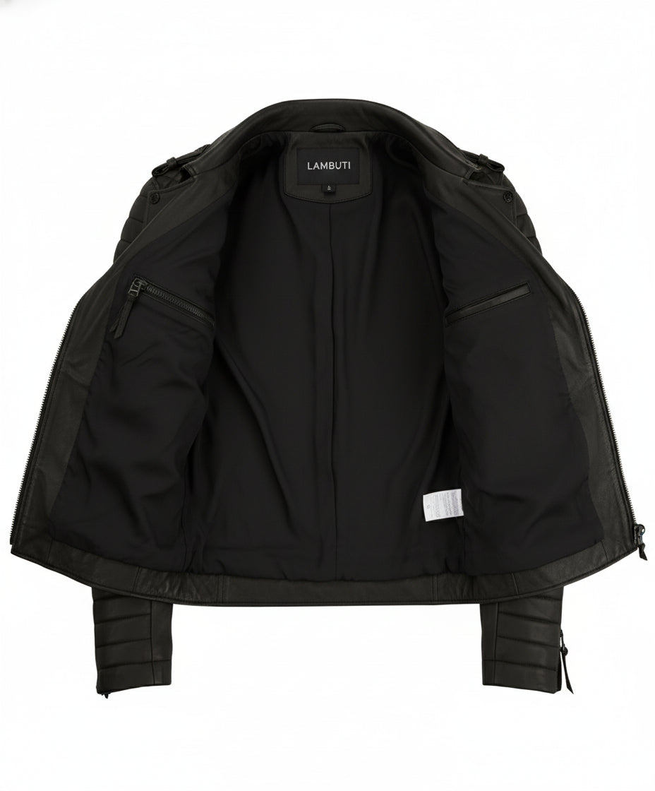 close-up-lining - New Men Fashion Trend Black Motorcycle Leather Jacket, Biker Fashion