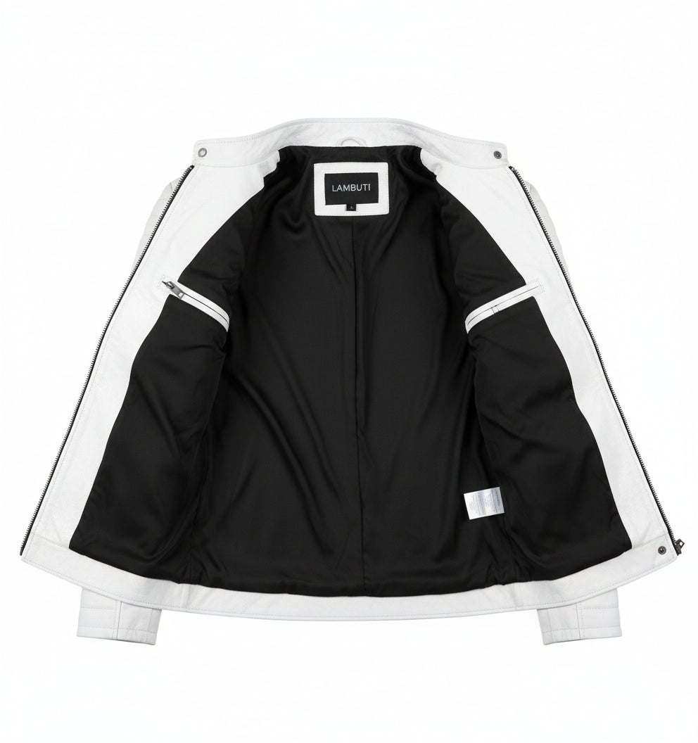 close-up-lining - New Men Fashion Trend White Motorcycle Leather Jacket, Biker Fashion
