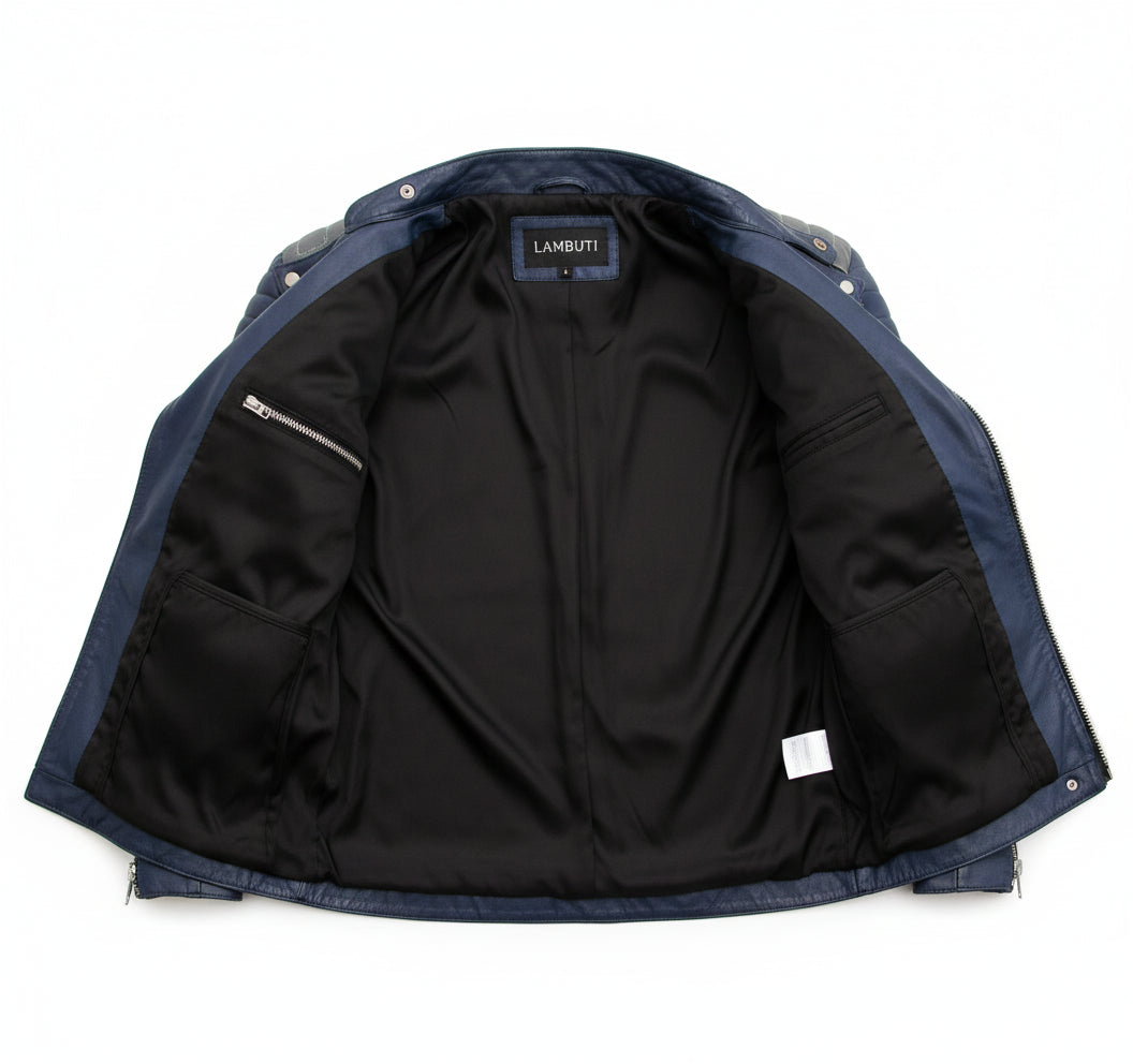 close-up-lining - New Men's Blue Leather Color Jacket, Bomber Jacket