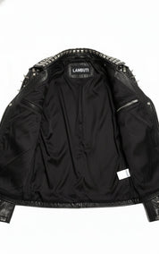 close-up-lining - Punk Handmade Women Black Leather Studded Moto Jacket, Rock Jacket