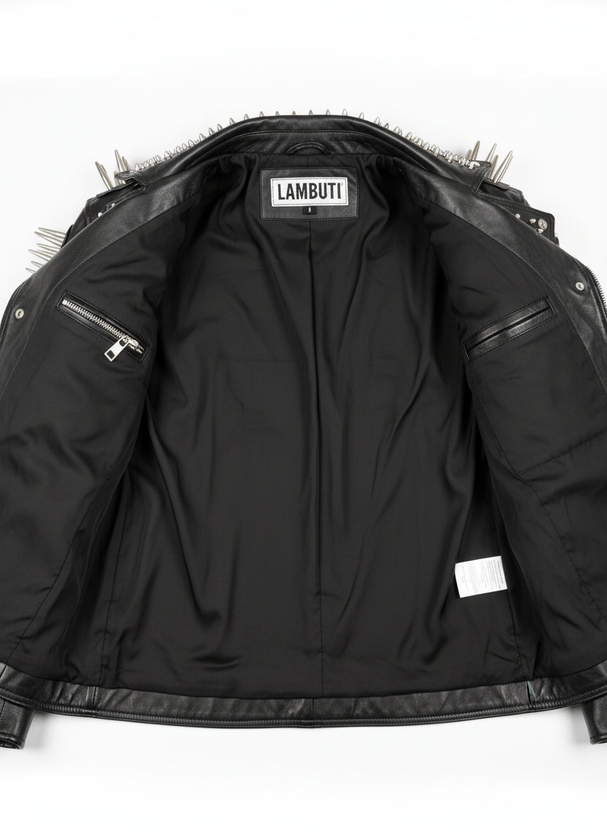close-up-lining - Punk Men Black Multi Studded With Long Spike Style Biker Jacket
