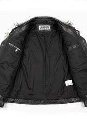 close-up-lining - Punk Men Black Multi Studded With Long Spike Style Biker Jacket