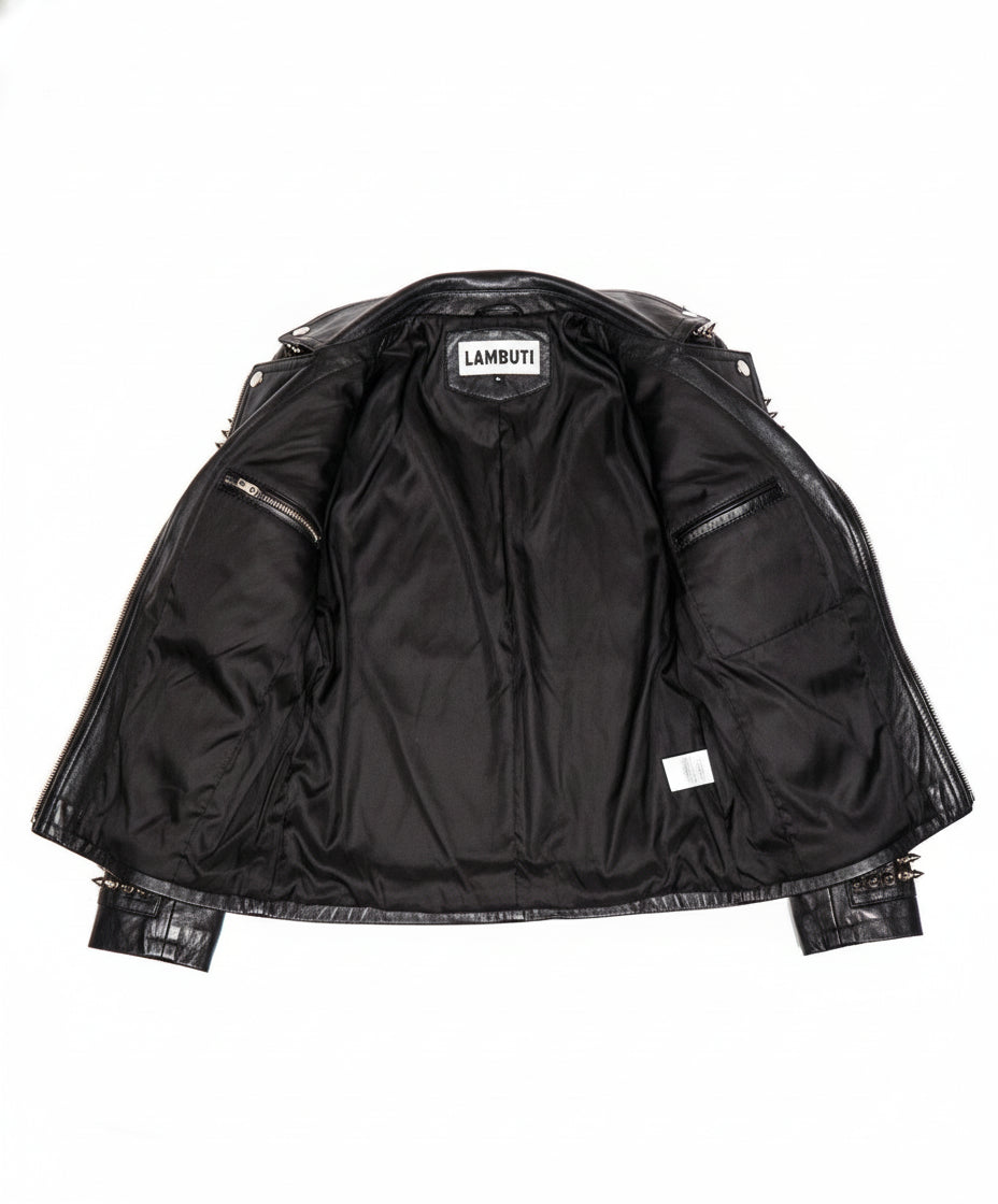 close-up-lining - Punk Men Silver Studded Long Spiked Jacket Leather Black Rock Style Jacket