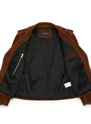 close-up-lining - Punk Women Brown Rock Style Studded Fringe Jacket, Biker Suede Jacket