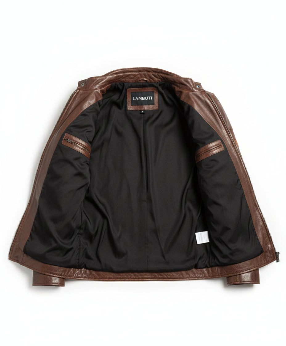 close-up-lining - Vintage Men Stylish Motorcycle Leather Jacket, Genuine Leather Fashion