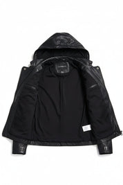 close-up-lining - Women Black Hooded Leather Jacket, Leather Jackets, Hoodies