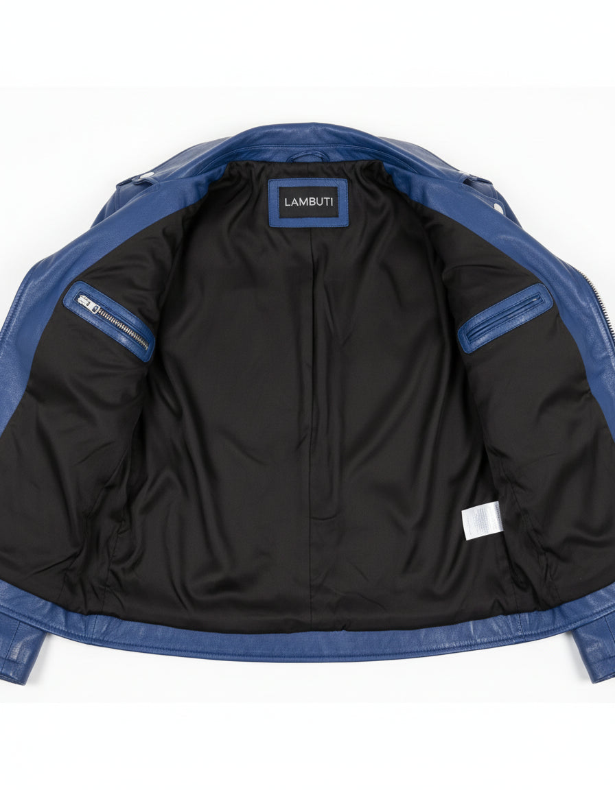 close-up-lining - Women Fashion Leather Jacket Blue Leather Jacket, Biker Style Jacket