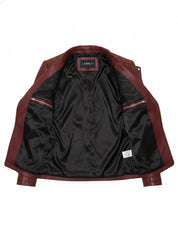 close-up-lining - Women's Biker Maroon Leather Jacket with Zipper Closure