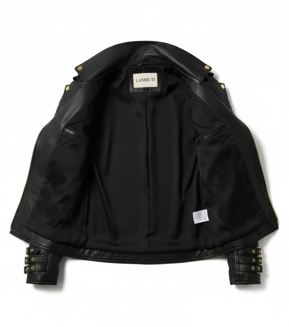 close-up-lining - Women's Biker Quilted Black Leather Jacket