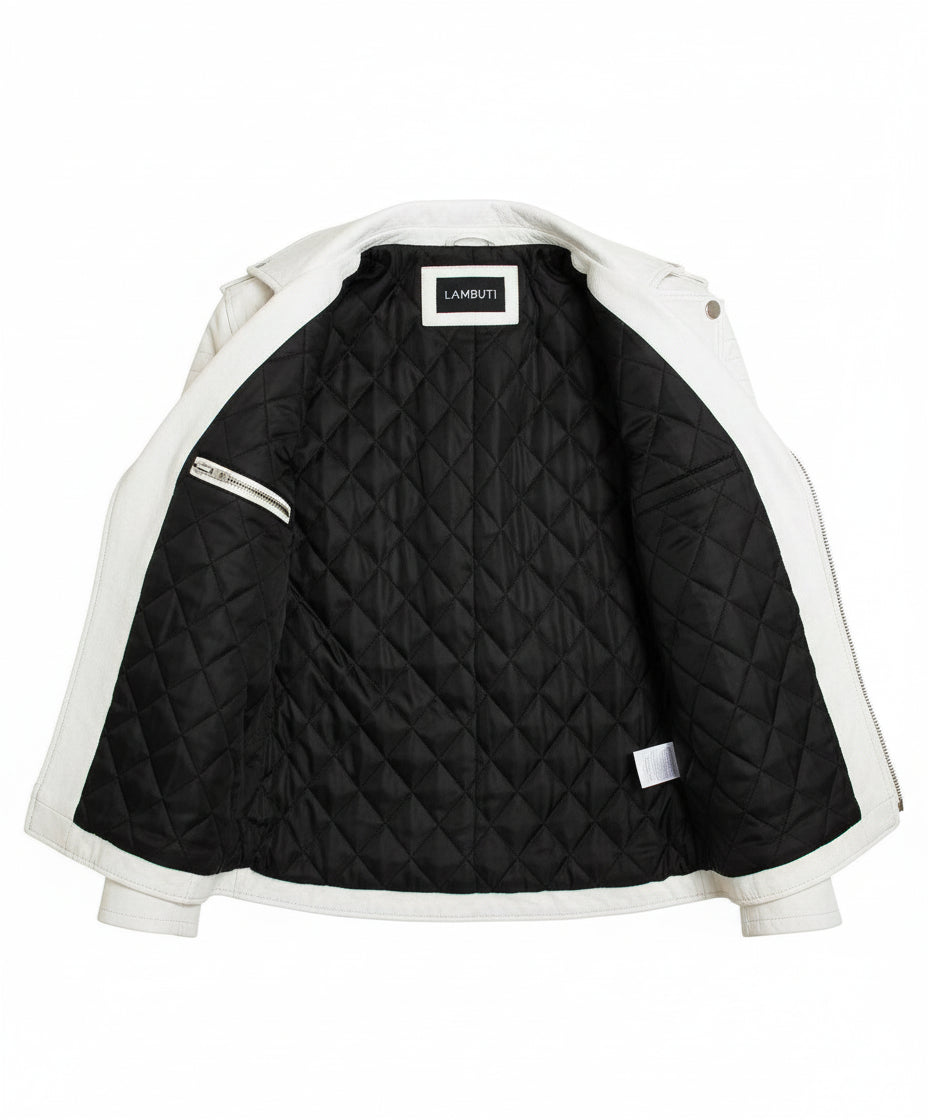 close-up-lining - Women's Biker Style White Lambskin Leather Jacket