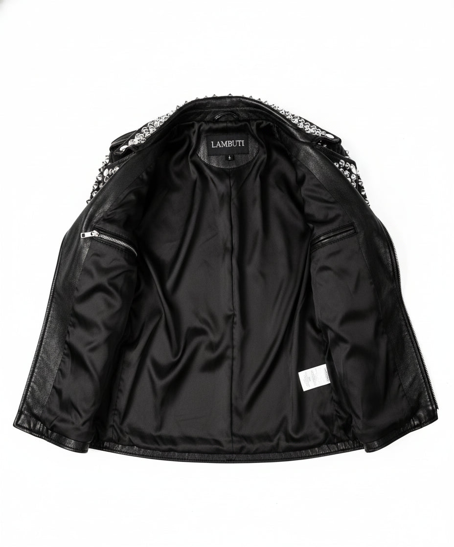 close-up-lining - Womens Rock star All over Silver Studded Cowhide Leather Moto Jacket