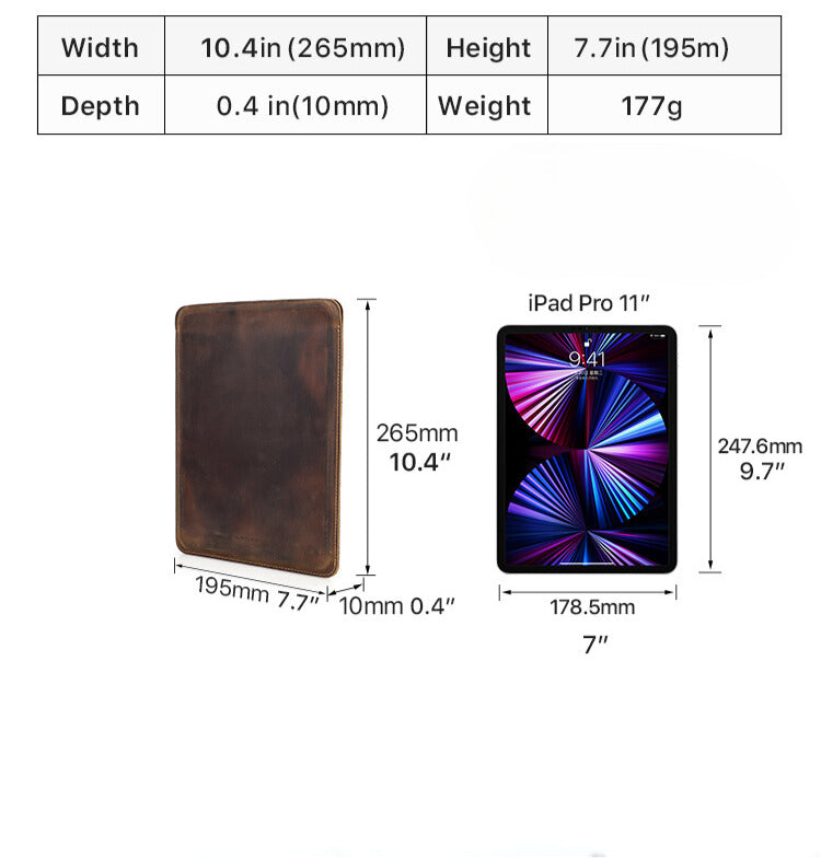 Cowhide Leather Sleeve Cover for iPad Pro 11" & iPad Air