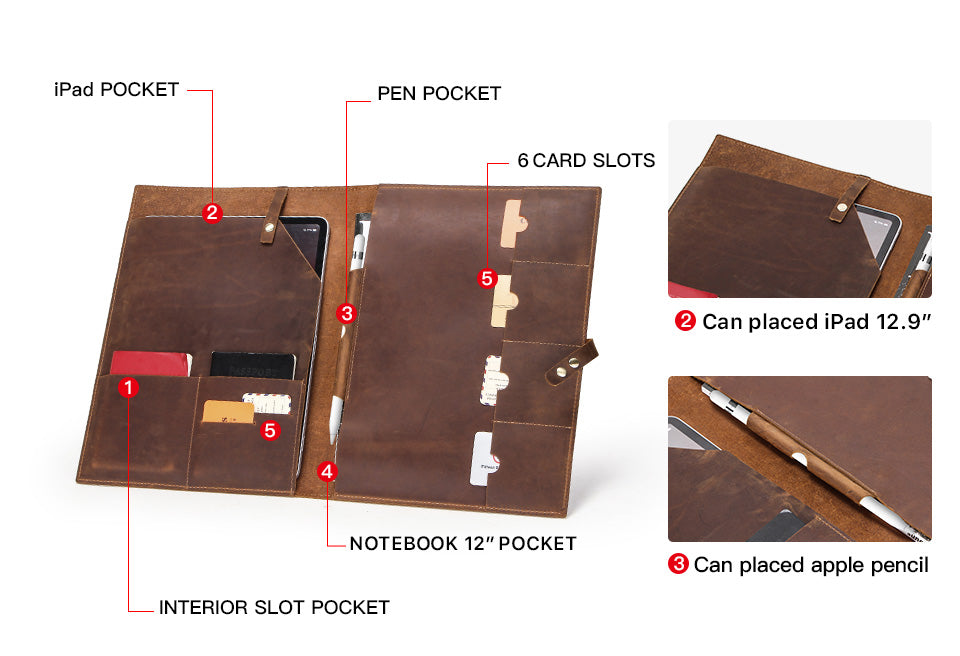 Crazy Horse Leather Multi-Pocket Tablet Organizer for iPad & 12" Devices