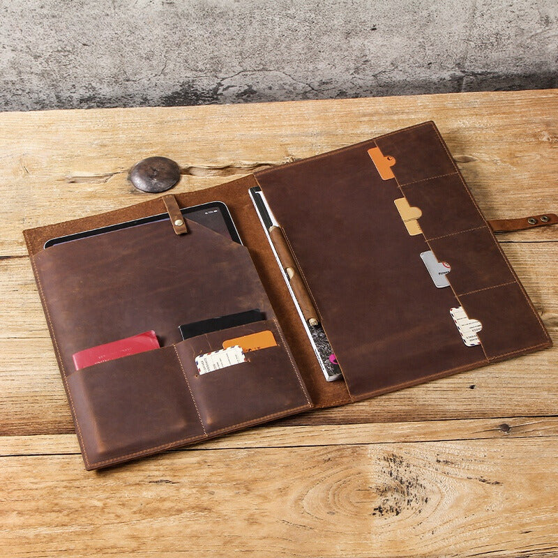 Crazy Horse Leather Multi-Pocket Tablet Organizer for iPad & 12" Devices