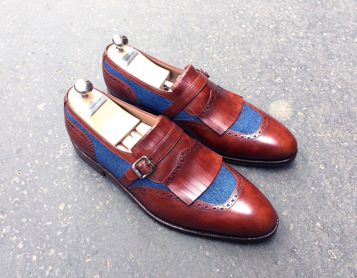 Designer Men Two Tone Fringe Monk Shoes, Brown And Blue Brogue Shoes