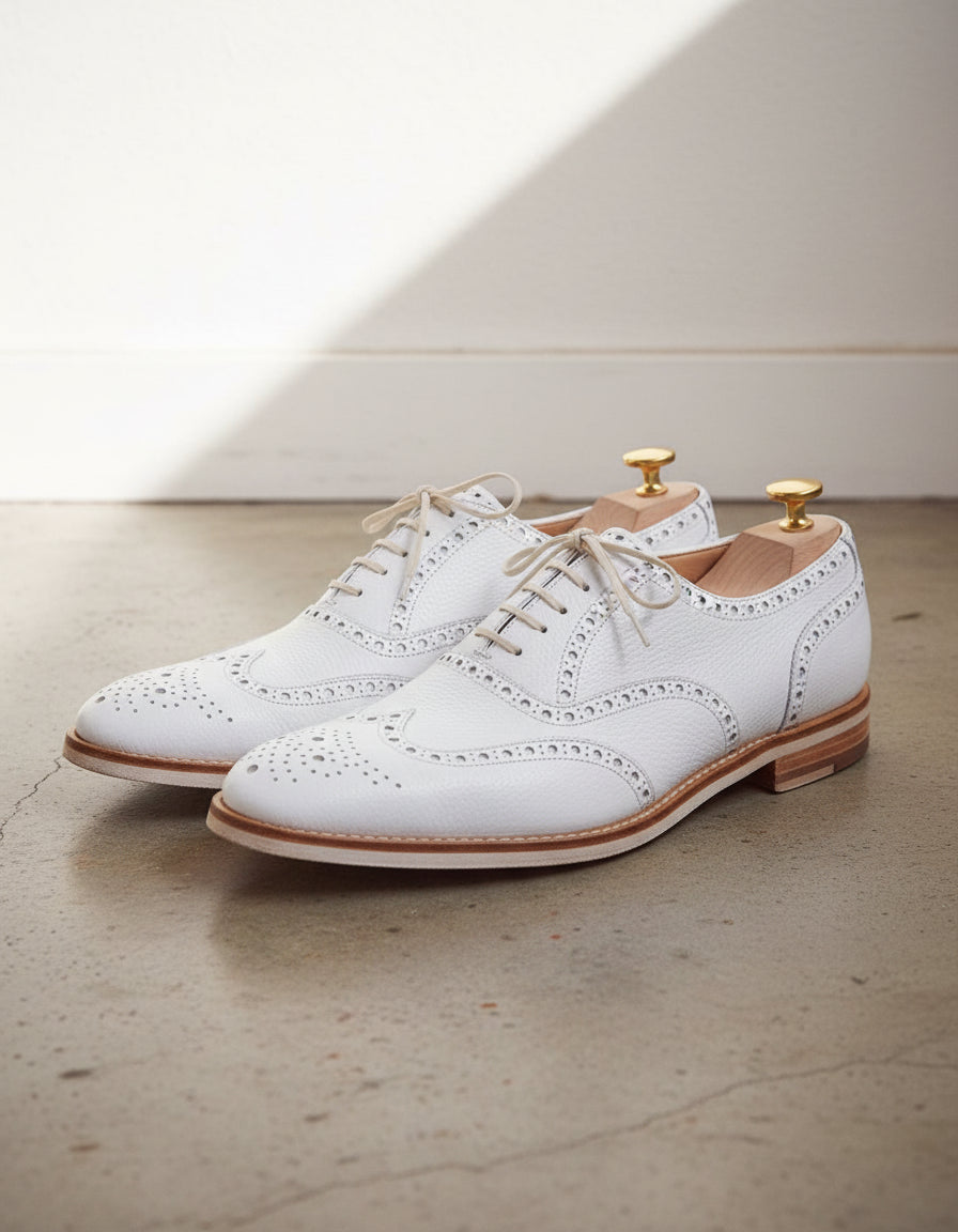 Designer Men white color wing tip Brogue lace up leather dress formal Shoe - 3-4-right-view