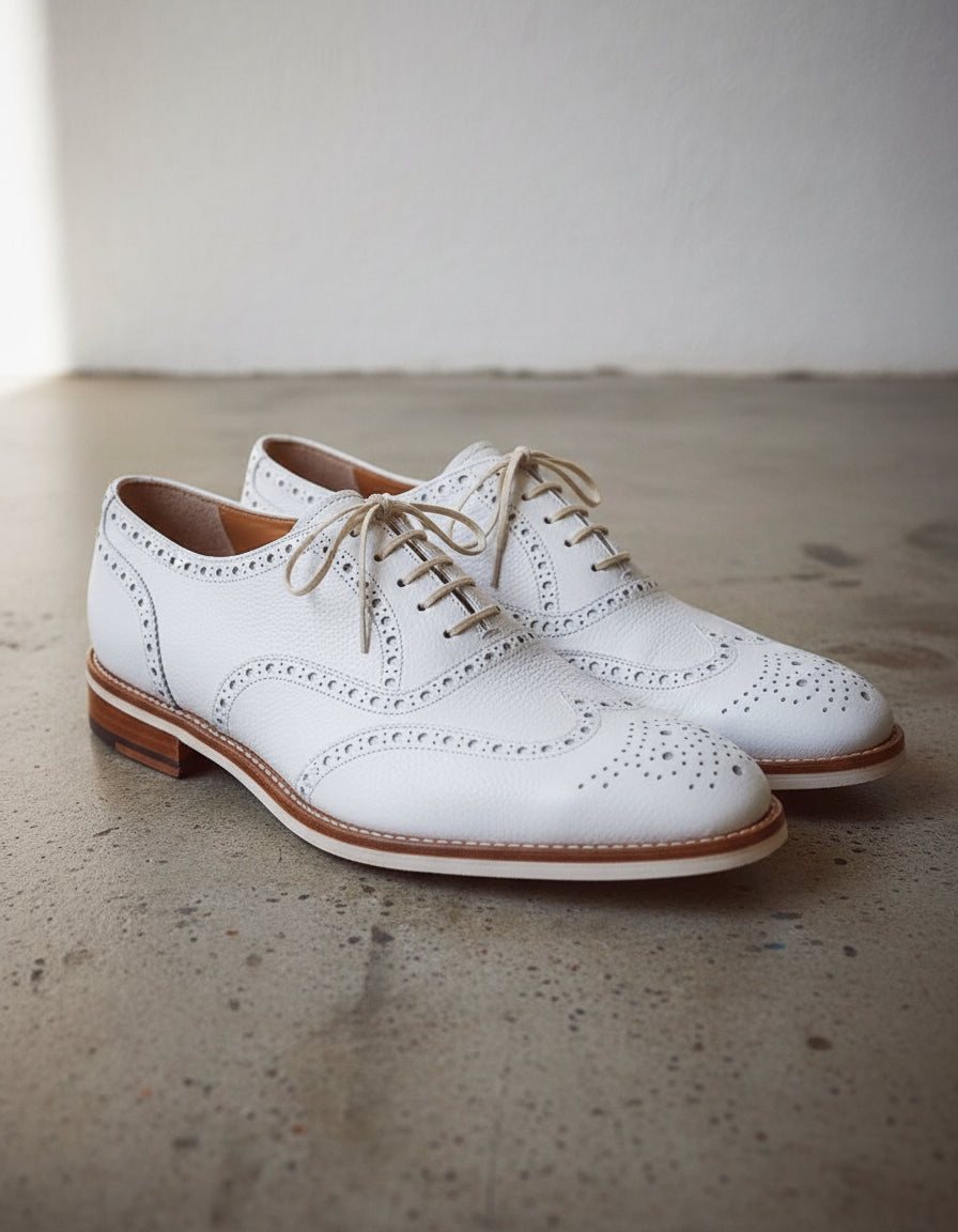 Designer Men white color wing tip Brogue lace up leather dress formal Shoe - angle-view-showing-depth
