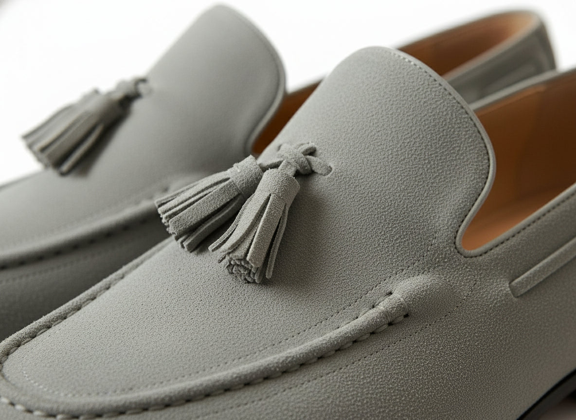 detail-view - Handmade Men Gray Suede Tassels Shoes Moccasins Loafer Driving Shoes