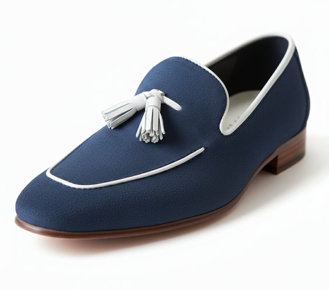 detail-view - Handmade Men Navy Blue Suede Leather Tassels Moccasins Shoes Loafer Silpons