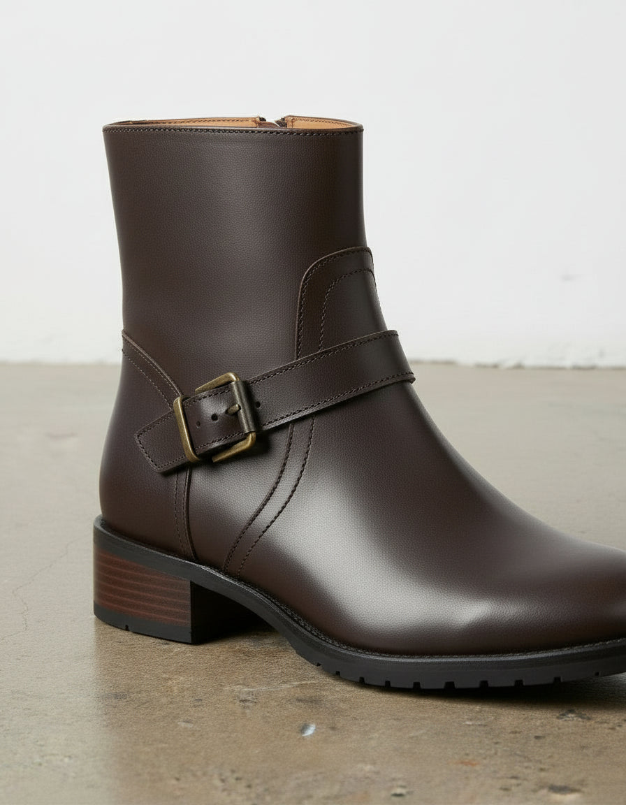 detail-view-showing-texture - Women's Handmade Brown Ankle-High Leather Artisan Moto Boots