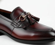 detail-view - Handmade Men Burgundy Leather Fringe Dress Shoes, Men Leather Penny Loafer