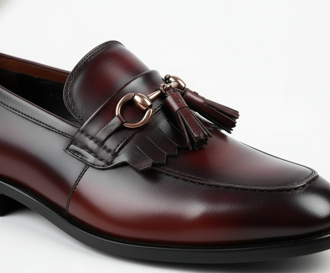 detail-view - Handmade Men Burgundy Leather Fringe Dress Shoes, Men Leather Penny Loafer