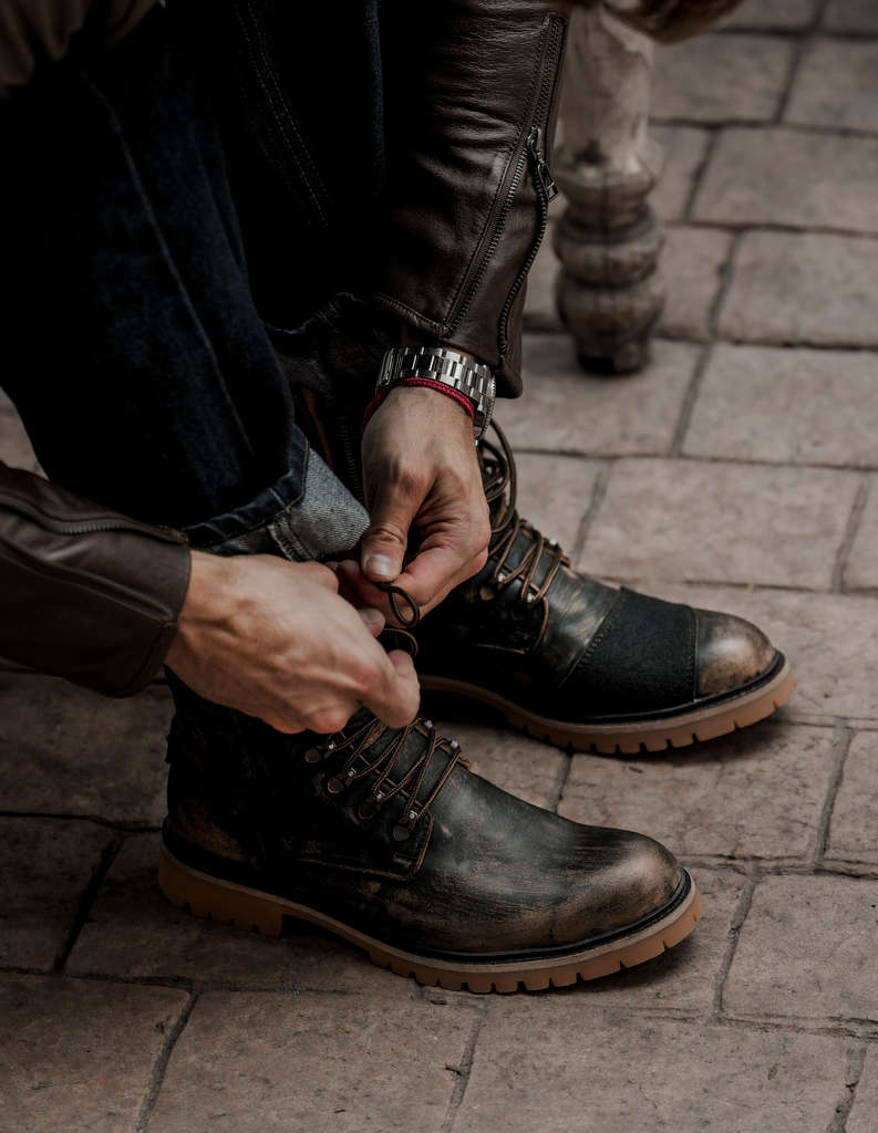 Men's Calf Leather Heavy Duty Biker Boots in Sand Brown - Image 5