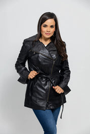 Gothic Dyed Leather Black Women's Long Jacket, Edgy Long Leather Jacket for Women in Black
