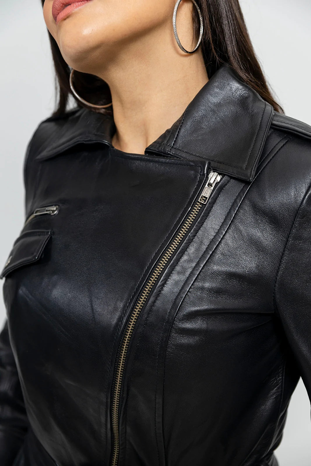 Gothic Dyed Leather Black Women's Long Jacket, Edgy Long Leather Jacket for Women in Black - Image 5