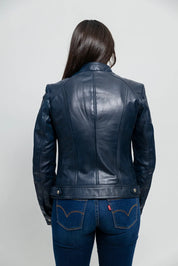 Women's Blue Dyed Leather Jacket, Stylish Women's Leather Jacket in Blue - Image 4
