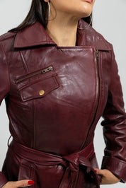Women's Gothic Ox Blood Dyed Leather Jacket, Women's Stylish Leather Trench Coat - Image 5