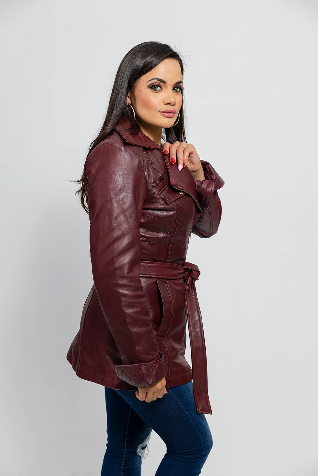 Women's Gothic Ox Blood Dyed Leather Jacket, Women's Stylish Leather Trench Coat - Image 3