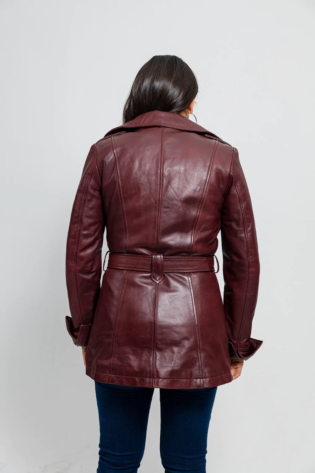 Women's Gothic Ox Blood Dyed Leather Jacket, Women's Stylish Leather Trench Coat - Image 4