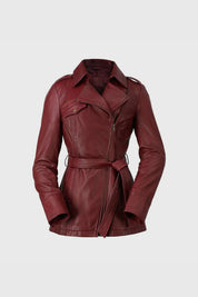 Women's Gothic Ox Blood Dyed Leather Jacket, Women's Stylish Leather Trench Coat - Image 6