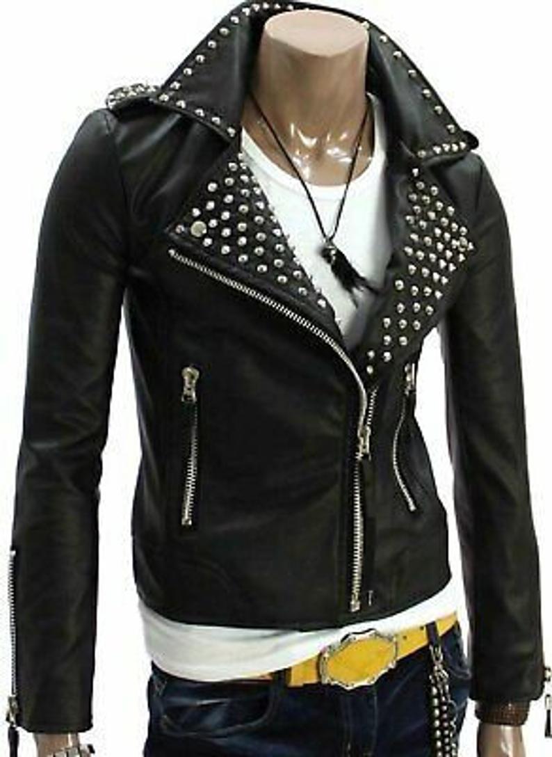 Fashion Leather Silver Studded Real Soft Leather Biker Style Jacket For Men