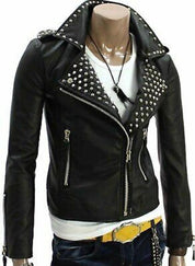 Fashion Leather Silver Studded Real Soft Leather Biker Style Jacket For Men