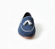 front-view - Handmade Men Navy Blue Suede Leather Tassels Moccasins Shoes Loafer Silpons