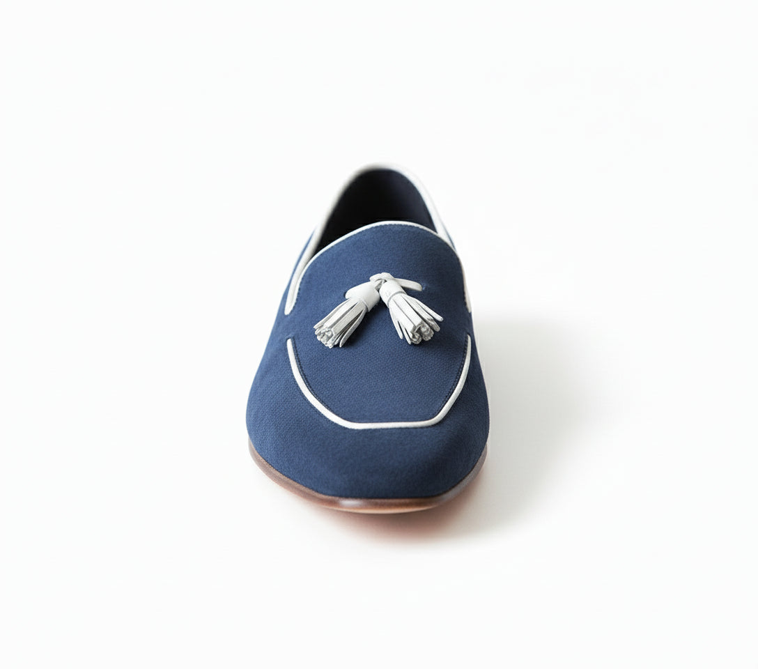 front-view - Handmade Men Navy Blue Suede Leather Tassels Moccasins Shoes Loafer Silpons