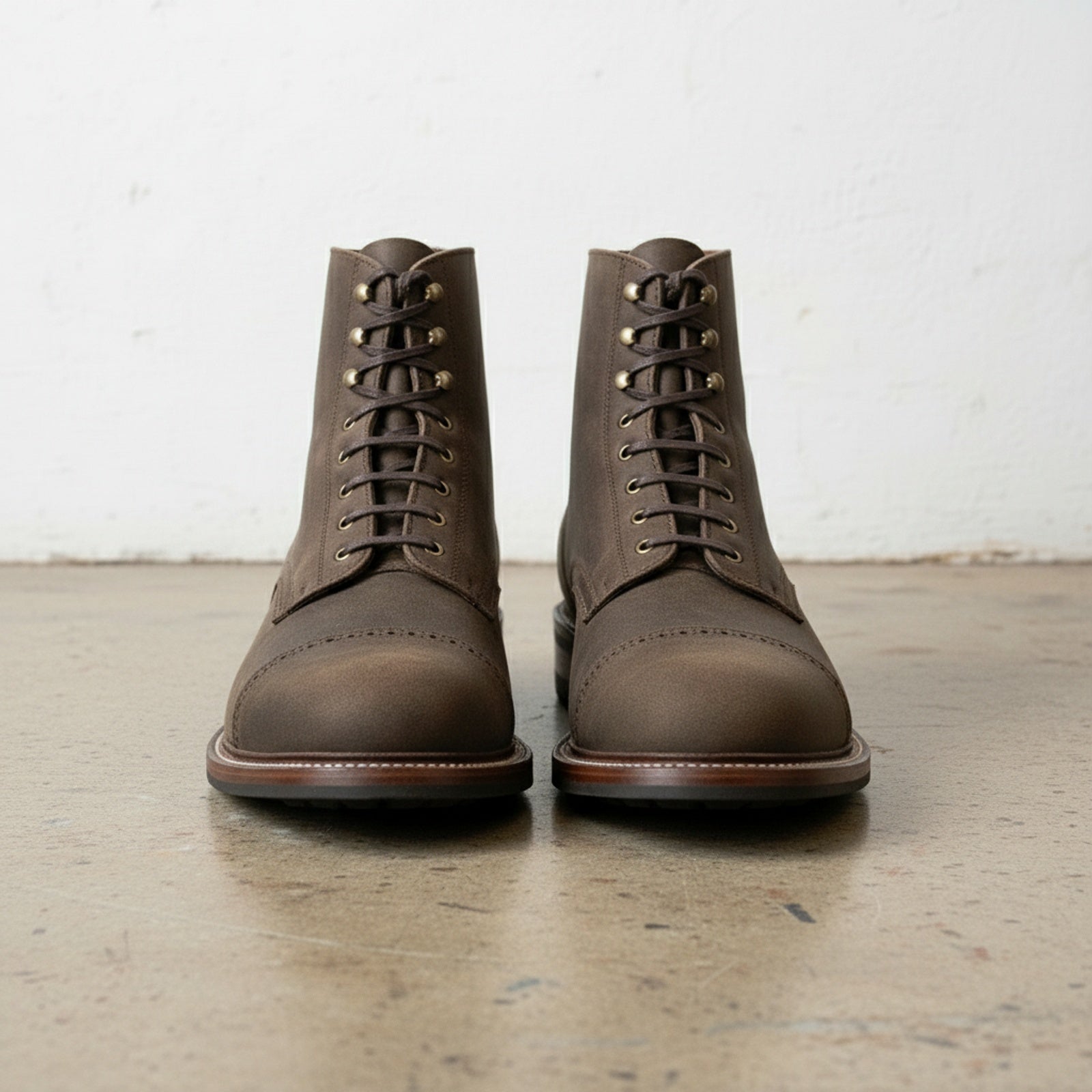 front-view - Men's Lace-Up Nubuck Ankle Boots, Brown Cap-Toe Boots, Goodyear Welted Nubuck Boots