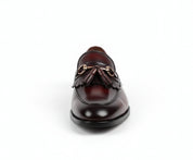 front-view - Handmade Men Burgundy Leather Fringe Dress Shoes, Men Leather Penny Loafer