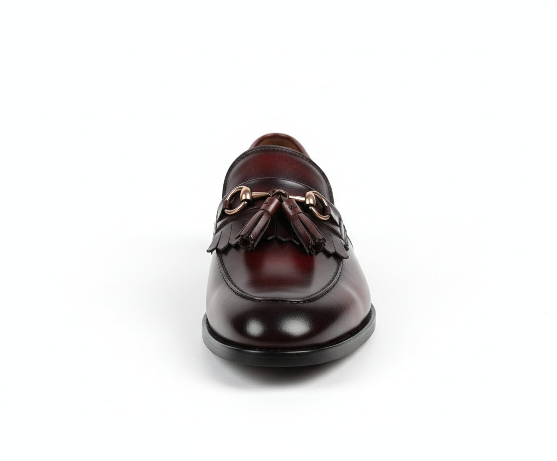 front-view - Handmade Men Burgundy Leather Fringe Dress Shoes, Men Leather Penny Loafer