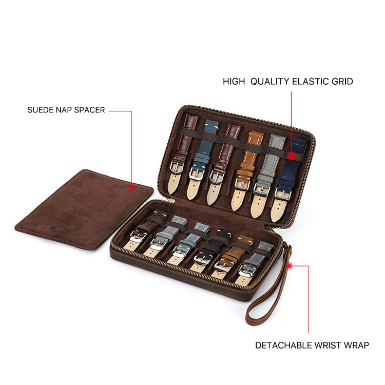 Genuine Leather 12 Slots Portable Watch Band Case