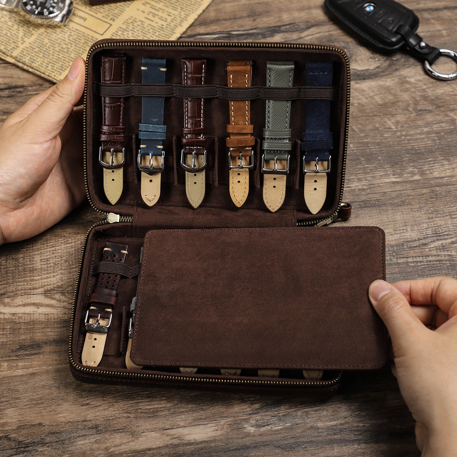 Genuine Leather 12 Slots Portable Watch Band Case