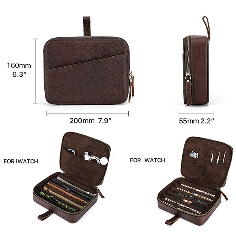 Genuine Leather 6 Slots Portable Watch Band Case