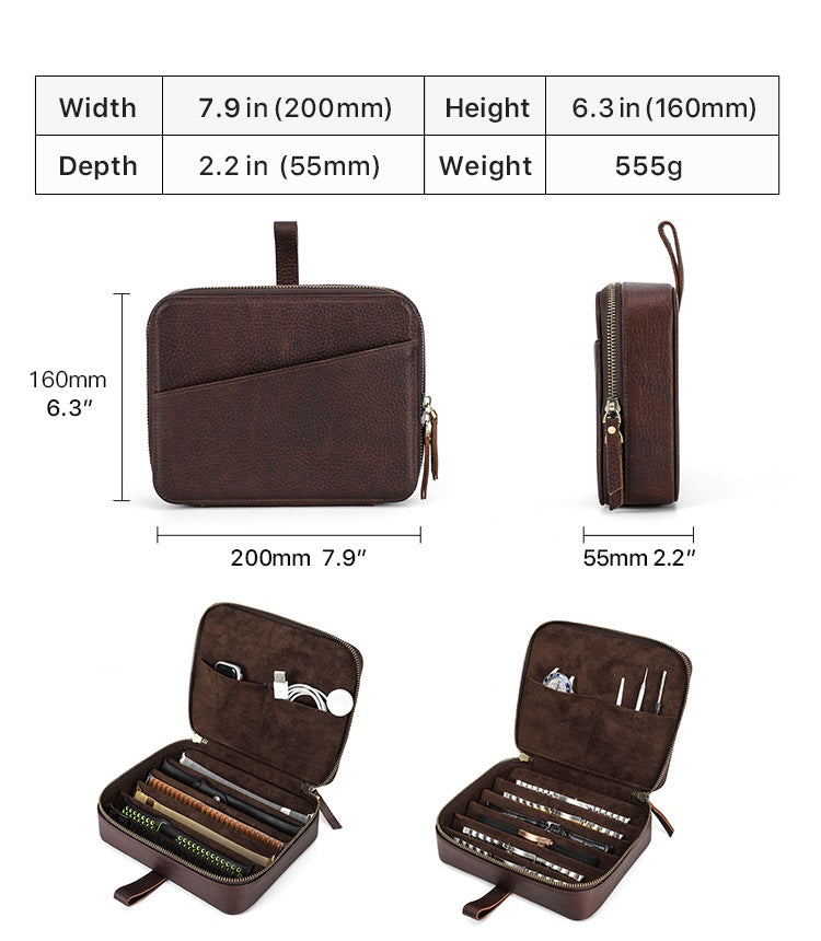 Genuine Leather 6 Slots Portable Watch Band Case