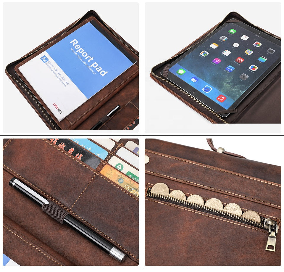 Genuine Leather Zipper Tablet Briefcase for iPad Pro 12.9"