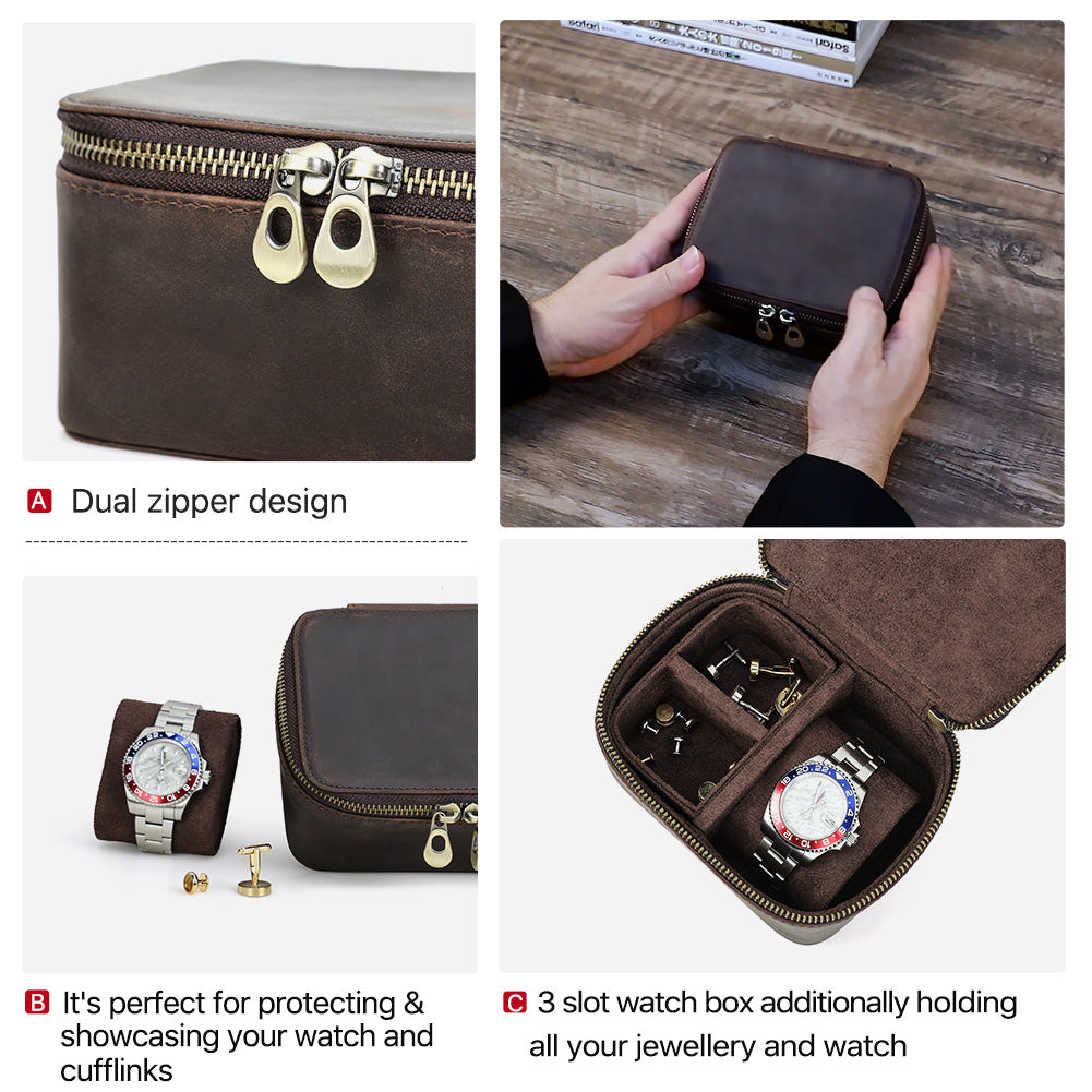 Genuine Leather Zipper Watch Jewelry Box