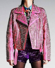 Women's Handmade Gothic Pink Studded Leather Jacket