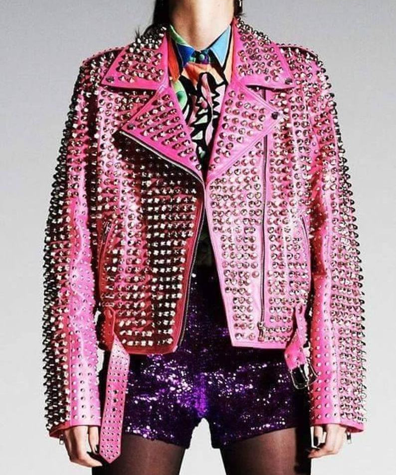 Women's Handmade Gothic Pink Studded Leather Jacket